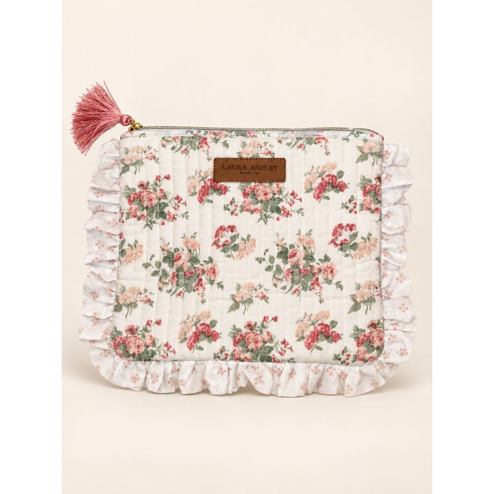 Laura Ashley Floral Quilted Cosmetic Pouch Cream Pink Ruffle Tassel Zip Bag